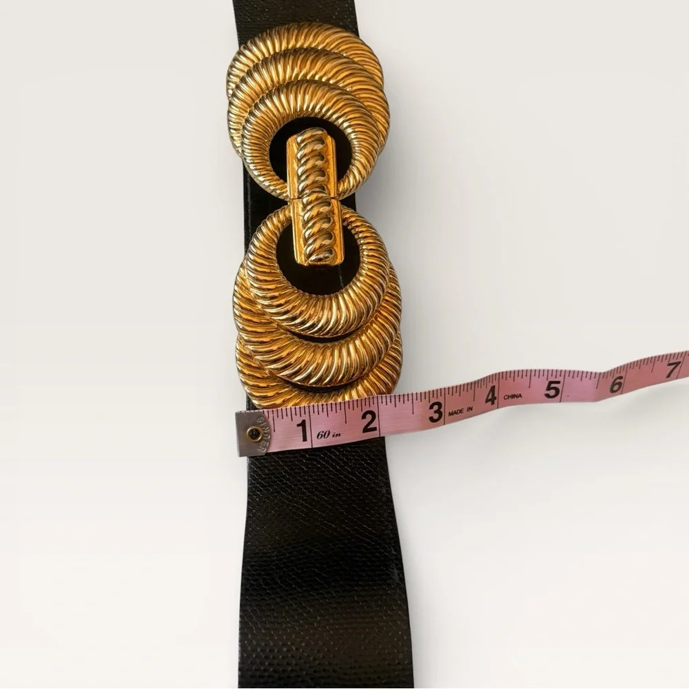 Vintage 90s Accessocraft Gold Belt Buckle w/ Black Snakeskin Leather Belt 29” - Picture 10 of 12